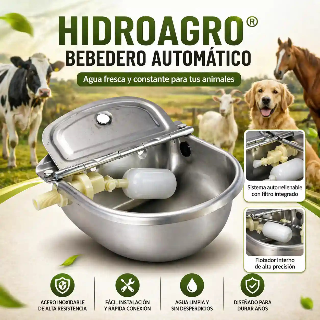 HidroAgro® Bebedero automático en acero para animales de corral 304