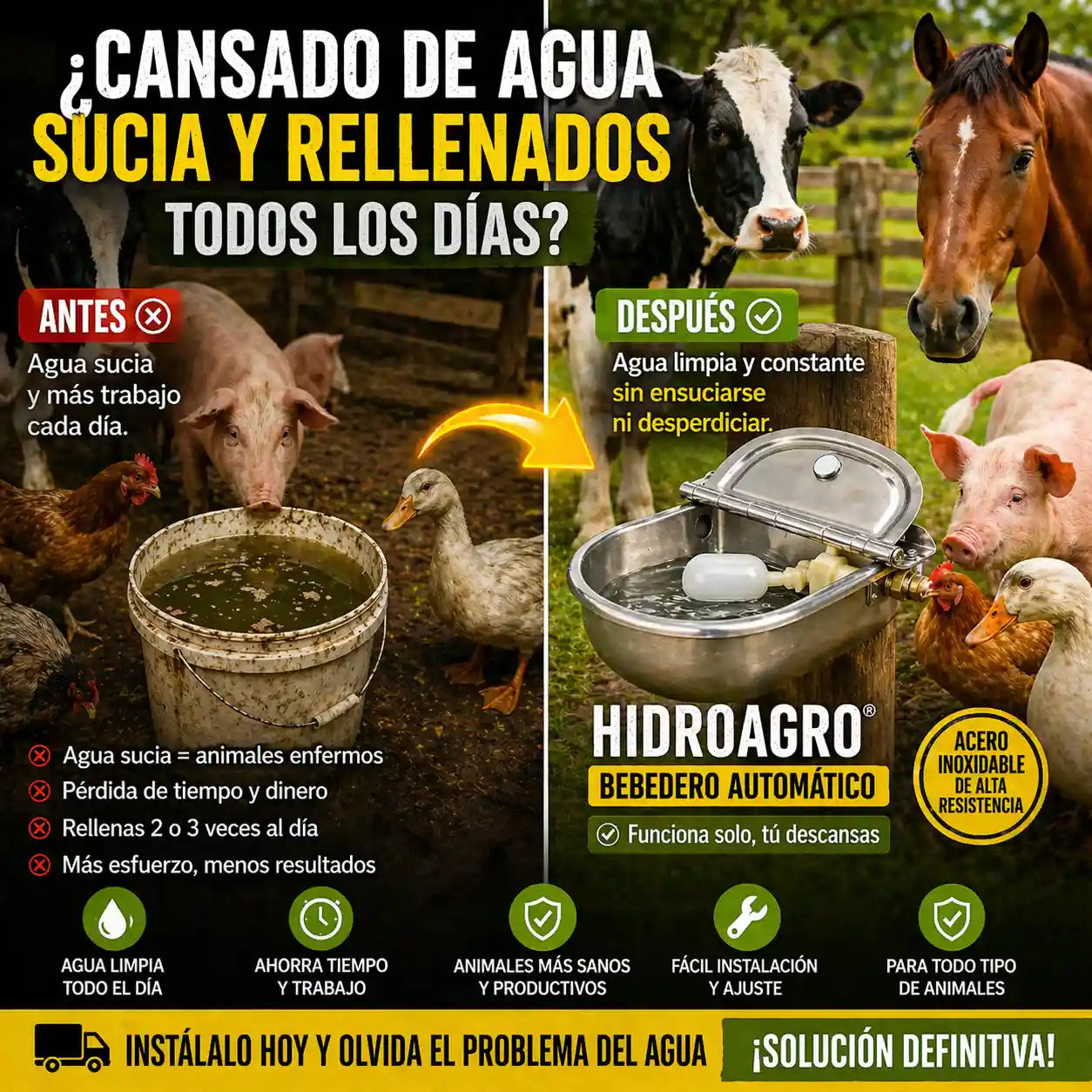 HidroAgro® Bebedero automático en acero para animales de corral 304