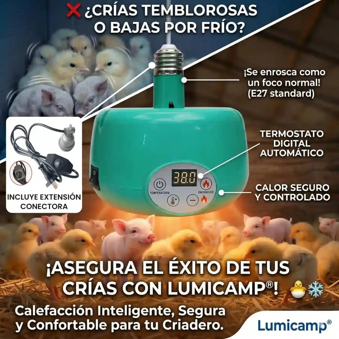 LUMICAMP® LAMPARA CALEFACTORA INTELIGENTE PARA GALPONES Y CRIADEROS